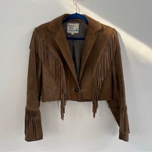 Awesome true vintage cropped suede fringe jacket! Made in USA by “Pioneer Wear”
